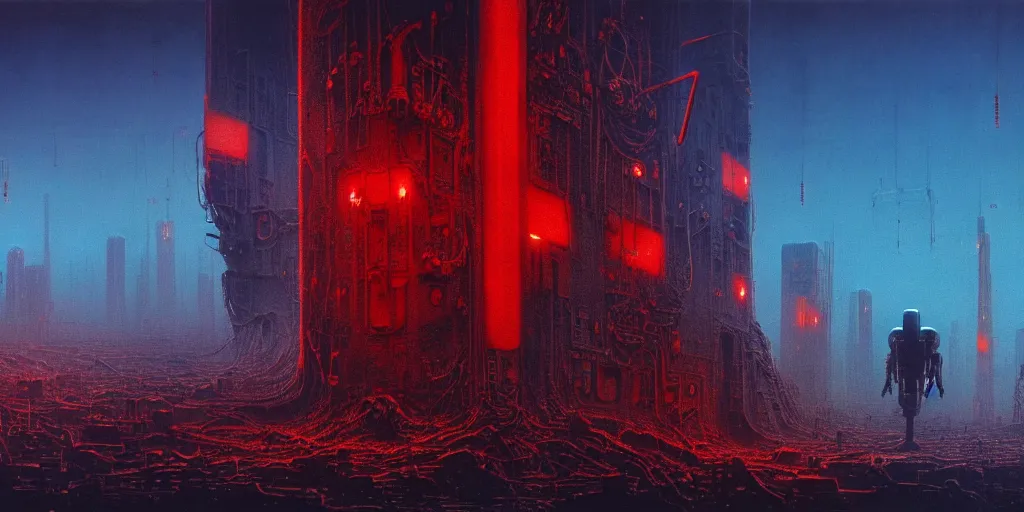 Prompt: resistance fighters, the terrible fate of the world after nuclear war, ruined cities, ai robot tendril remnants, biomachine war against humanity, beksinski, giger, machine entity, blue red contrast, ambient art wallpaper popular on artstation