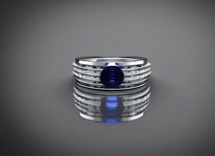 Prompt: futuristic!! diamond wedding ring, sapphire, ( design by porsche!!!!! ), xf iq 4, 1 5 0 mp, 5 0 mm, f / 1. 4, iso 2 0 0, 1 / 1 6 0 s, natural light, octane render, macro shot, symmetrical balance, polarizing filter, sense of depth