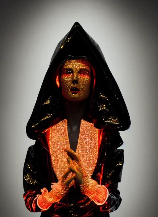 Prompt: photo of baroque and bladerunner delicate neon diamond sculpture of ceramic albino king adrien sahores seductive delicious tongue out, creamy orange iridescent humanoid deity wearing white fluffy hoody holding diamond skull in a black metallic dungeon, reclining, glowing rainbow face, crown of white diamonds, cinematic lighting, photorealistic, octane render 8 k depth of field 3 d