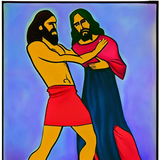 Prompt: judas betrays jesus, purple monochrome, oil painting by aaron douglas, photo, ektachrome, 2 6 mm lens
