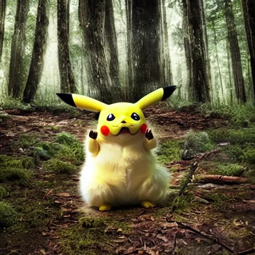 Image similar to pikachu in a forest, realistic, national geographic wildlife photography, wildlife, fluffy, cute, real