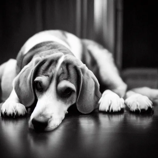 Image similar to depressed beagle in a dark room, movie still, photography, DSLR 35mm, low light photography, sadness