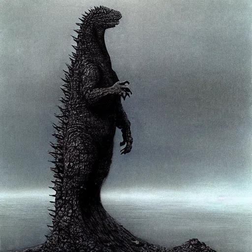 Image similar to godzilla by beksinski