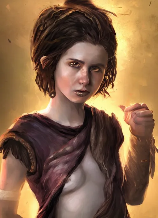 Image similar to an epic fantasy comic book style portrait painting of a girl with short straggly hair, low lethargic insouciance voice with a drawl wearing a ragged dress, unreal 5, daz, hyperrealistic, octane render, cosplay, rpg portrait, dynamic lighting