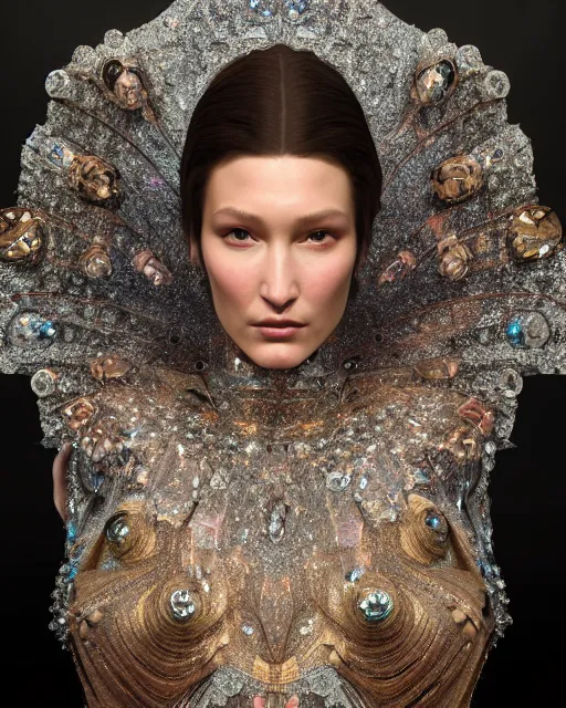 Image similar to a highly detailed metahuman 8 k close up render of bella hadid as surrealism renaissance in iris van herpen dress schiaparelli in diamonds crystals swarovski and jewelry iridescent in style of alphonse mucha gustav klimt trending on artstation made in unreal engine 4