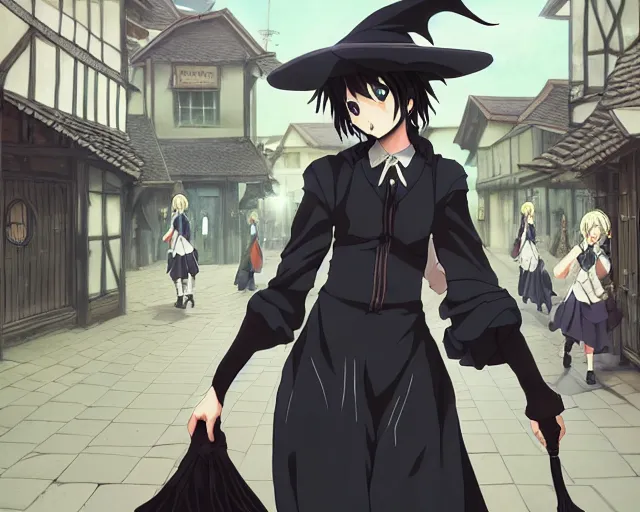 Image similar to key anime visual portrait of a young female witch walking through a busy village, dynamic pose, dynamic perspective, cinematic, dramatic lighting, muted colors, detailed silhouette, textured, finely detailed eyes, anime proportions, anmi, murata range, kentaro miura