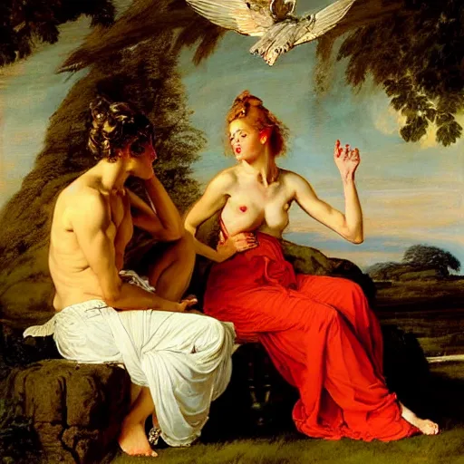 Image similar to beautiful painting of Apollo and Ganymede with long curly blond hair, wearing wispy silken gossamer robes, in the imperial palace at golden hour, relaxing, by Peter Paul Rubens and Norman Rockwell