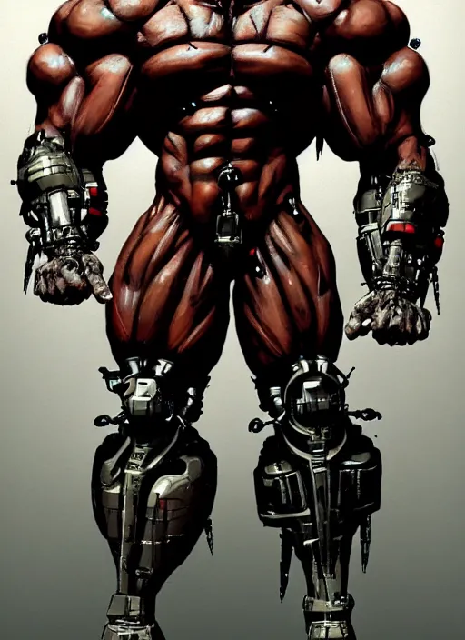 Image similar to Full body portrait of an extremely muscular, very buff, huge mutant man with a creepy cybernetic mask. He Is wearing only a loincloth. In style of Yoji Shinkawa and Hyung-tae Kim, trending on ArtStation, dark fantasy, great composition, concept art, highly detailed. Colourful.