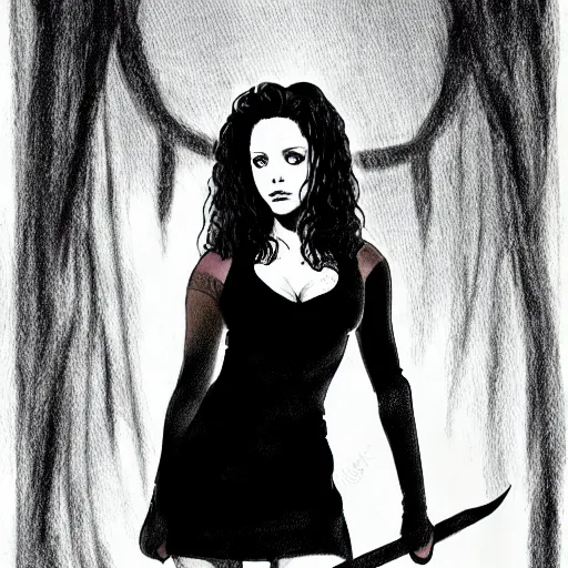 Prompt: buffy the vampire slayer as fran fine, concept art, sharp focus, illustration in pen an ink