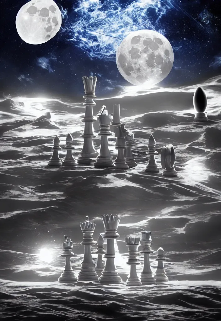 Prompt: a giant chessboard with giant chess pieces in space overlooking the moon fantasy, trending on artstation, digital art.