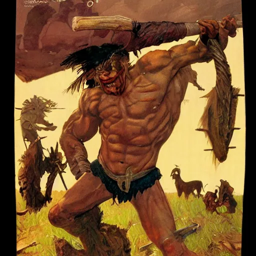 Image similar to goat man barbarian, ultra detailed, style of norman rockwell, style of richard corben, 4 k, rule of thirds.