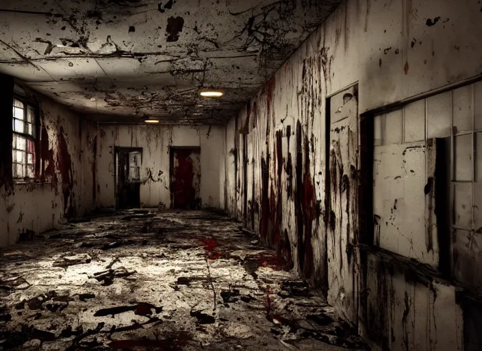 Prompt: dark, abandoned laboratory, puddles of blood on the floor, blood stains on the walls, low brightness, cinematic lighting