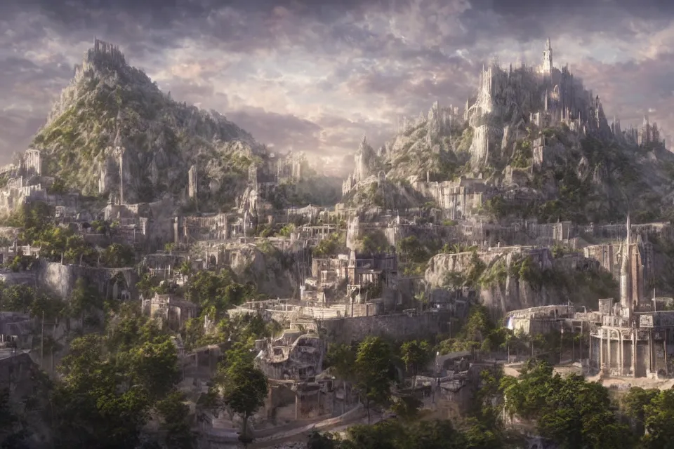 prompthunt: the white city of minas tirith in gondor, middle - earth, by  alan lee, michal karcz, smooth details, lord of the rings, game of thrones,  smooth, detailed terrain, oil painting, trending