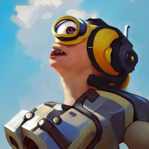 Prompt: greg manchess portrait painting of minion stuart as overwatch character, medium shot, asymmetrical, profile picture, organic painting, sunny day, matte painting, bold shapes, hard edges, street art, trending on artstation, by huang guangjian and gil elvgren and sachin teng