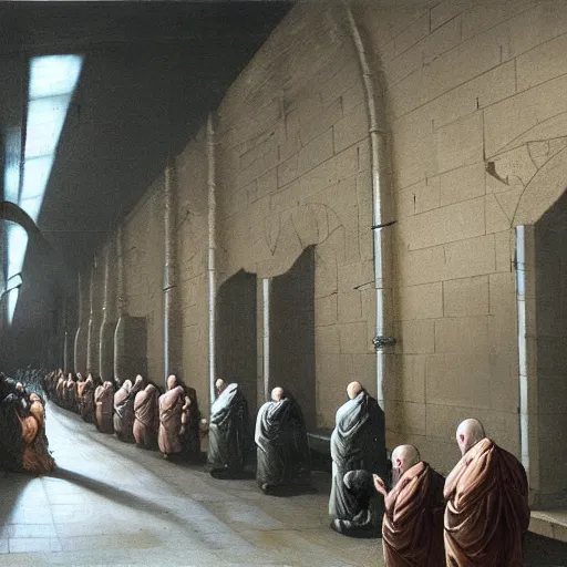 Image similar to underground tunnels inhabited by hooded monks, mechanical computers, lights and switches, portal to the dreamworld, baroque oil painting