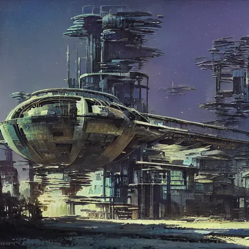 Prompt: a dystopian structure in an abandoned landscape, by Ralph McQuarrie/John Berkey