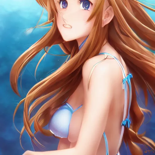 Image similar to a very beautiful mature yuuki asuna, full body, long wavy blond hair, sky blue eyes, full round face, bikini, miniskirt, front view, mid - shot, cute pose, highly detailed, cinematic wallpaper by stanley artgerm lau
