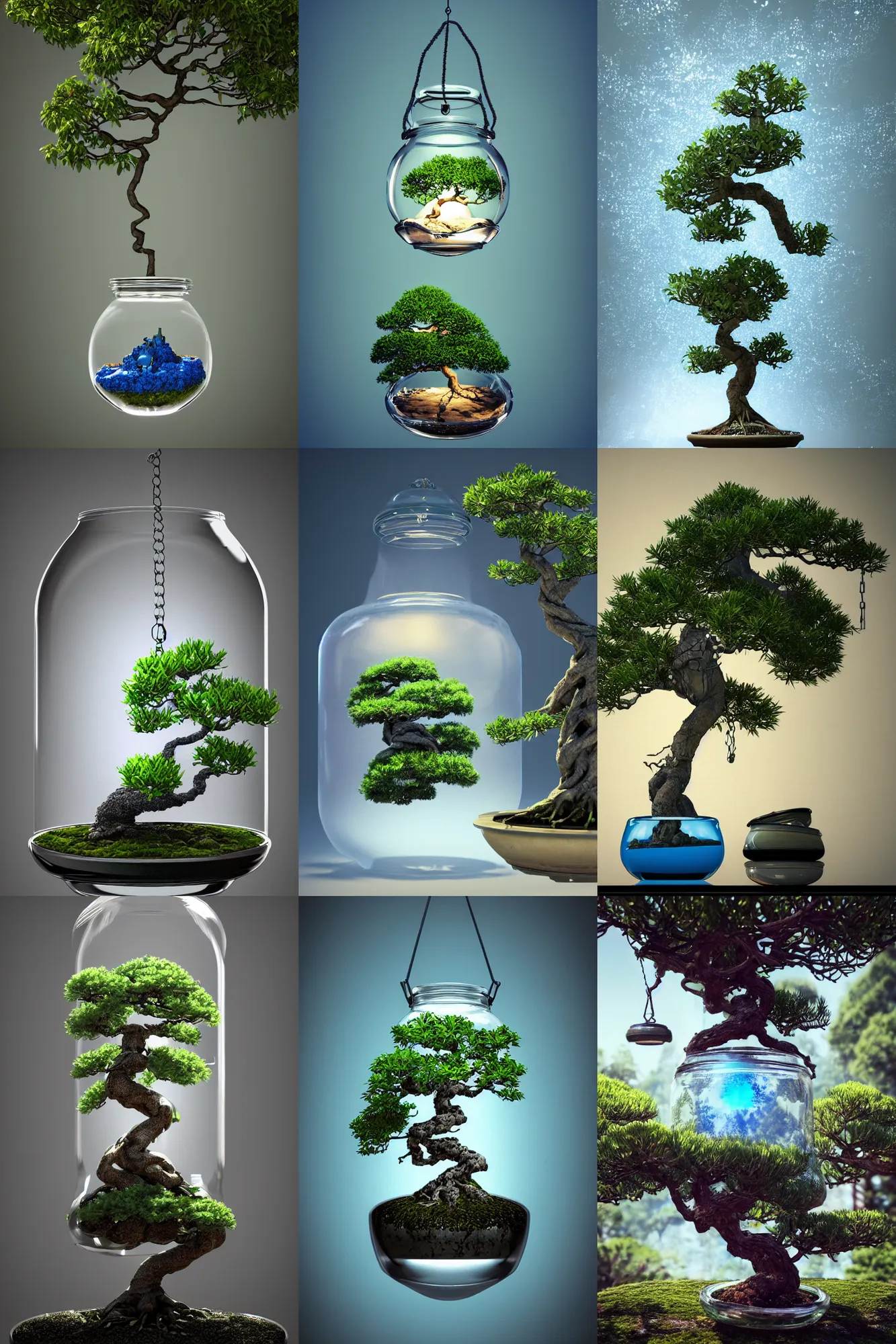 Prompt: bonsai tree inside a glass jar, swing on a tree, intricate detail, blue bonsai, volumetric lighting, epic composition, hyper detailed, ultra realistic, sharp focus, octane render, volumetric, ray tracing, artstation trending, cgsociety, sense of awe, 4 k