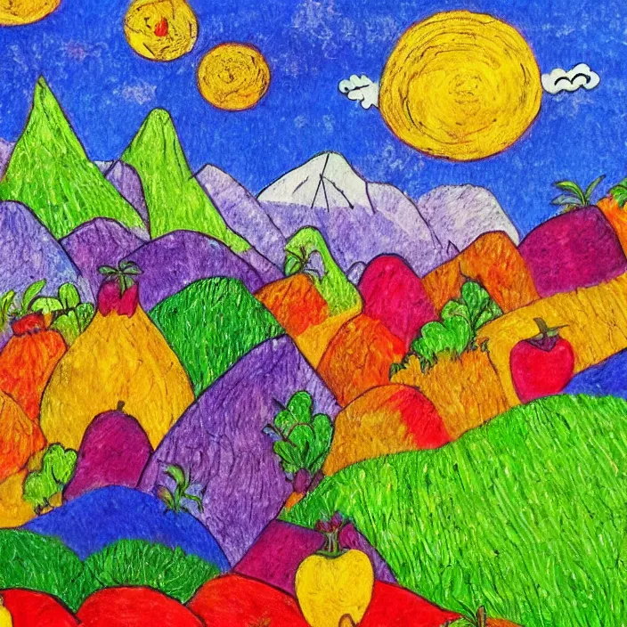 Image similar to little sheep hopping over mountains of gigantic fruit, naivistic art, childrens drawing, outsider art, expressive, colorful