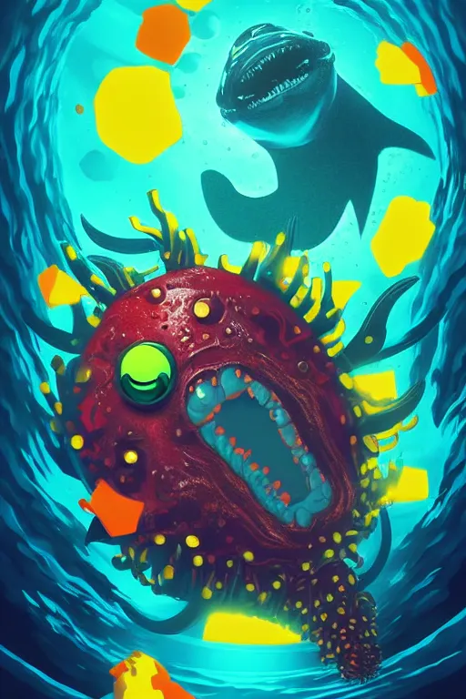 Image similar to life deep inside the sea with all monster on it. pop art, no duplicate image, glowing lights, ultra details, digital painting, artstation, concept art, smooth, sharp focus, illustration, intecrate details, art by richard hamilton and mimmo rottela, pixels art by kirokaze and paul robertson