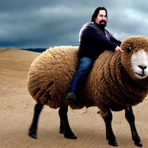 Image similar to morbidly obese keanu reeves riding a texel sheep, photo, detailed, 4 k