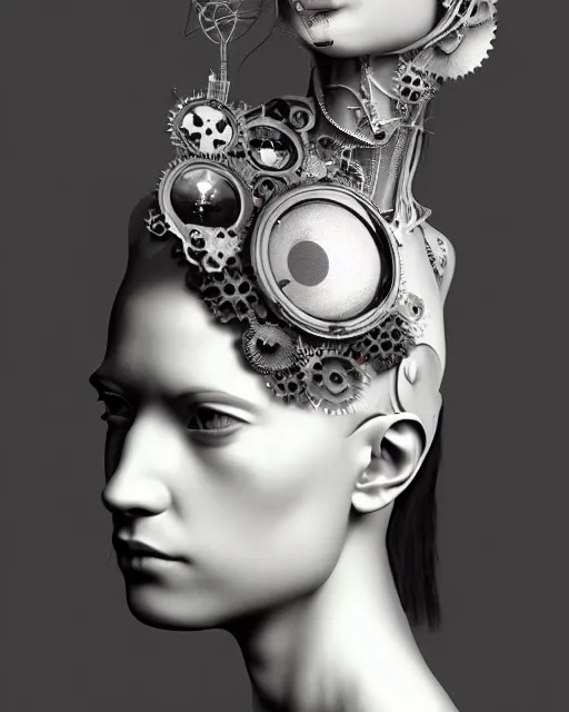 Image similar to black and white dreamy foggy smoky profile face portrait, one silver steampunk eye biomechanical beautiful young female cyclope - cyborg - robot bust, body ribs meshes,, volumetric light, hibiscus flowers, by hg giger, rim light, by dora maar and cecile beaton, big gothic fashion pearl embroidered collar, 8 k
