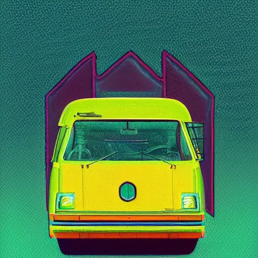 Image similar to retro painting illustration of a volswagen van, 2 d, pastel color, green, yellow, red, retro style art, trendy on artstation