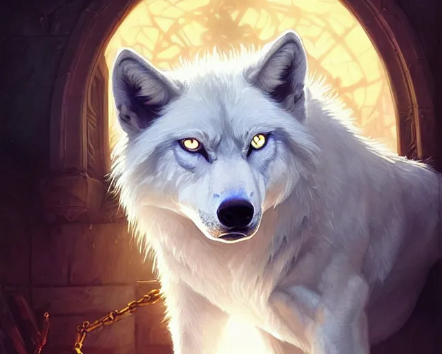 Prompt: albino wolf with blue eyes, backlight, rim lighting, deep focus, d & d, fantasy, intricate, elegant, highly detailed, digital painting, artstation, concept art, matte, sharp focus, illustration, hearthstone, art by artgerm and greg rutkowski and alphonse mucha