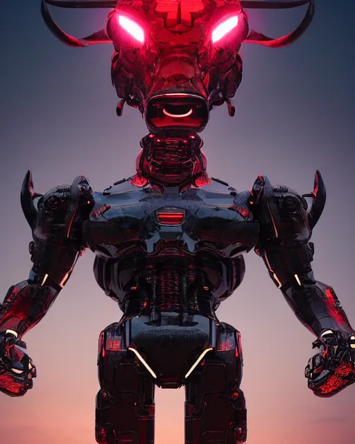 Prompt: a full body shot of an imposing cyborg ( bull ) modeled after a bull looking into the camera, android, cyborg, full body shot, intricate, 3 d, hyper realism, symmetrical, octane render, strong bokeh, fantasy, highly detailed, depth of field, digital art, artstation, red, concept art, cinematic lighting, trending