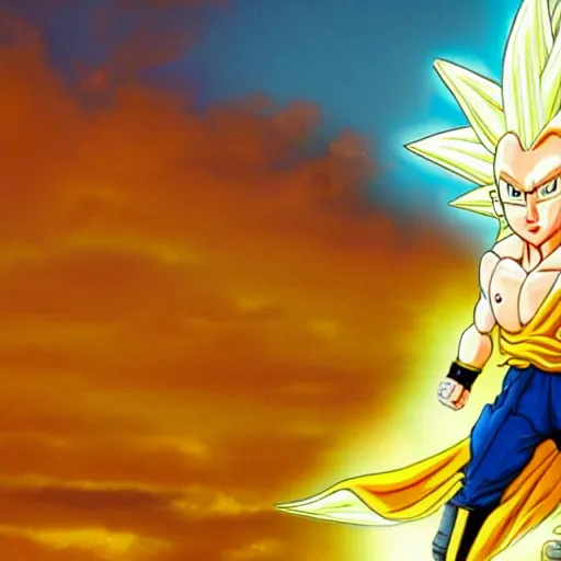 Image similar to christopher walken super saiyan, yellow aura, yellow spiky hair, blue sky and clouds in background