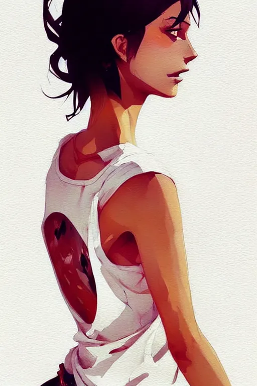 Image similar to a ultradetailed beautiful painting of a stylish woman with a white tank top, by conrad roset, greg rutkowski and makoto shinkai trending on artstation