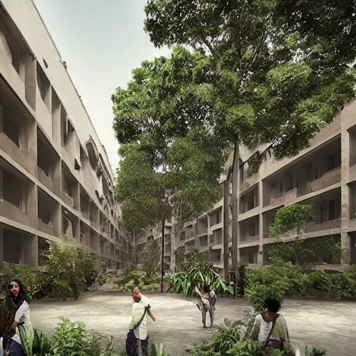 Image similar to “Eco-brutalist (Brutalism with lots of plants, vines and planters) public housing in New Delhi, photorealistic, hyper realistic, cinematic lighting, 8K resolution”