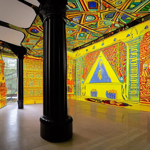 Image similar to wide shot, one! photorealistic rubber duck in foreground on a pedestal in an cavernous museum, the walls are covered floor to ceiling with colorful geometric wall paintings in the style of sol lewitt, tall arched stone doorways, through the doorways are more mural paintings in the style of sol lewitt.