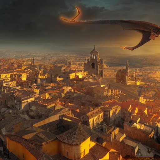 Image similar to the monumental city of caceres with smaug flying over it, dramatic lighting, cinematic, extremly high detail, photorealistic, cinematic lighting, post processed, concept art, artstation, matte painting, style by greg rutkowsky