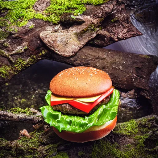 Image similar to a hamburger in a swamp, product photography