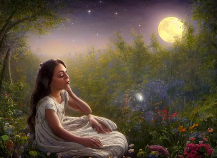 Image similar to Mila Kunis staring into the camera singing a lullaby, fireflies, full moon, Lilia Alvarado, Sophie Anderson, Mark Arian, Bob Byerley, Charlie Bowater, Mark Brooks, Steve Henderson, Justin Gerard, Arthur Hughes, Edward Robert Hughes, Mark Keathley, Victor Nizovtsev, Carlos Shwabe, Ross Tran, WLOP