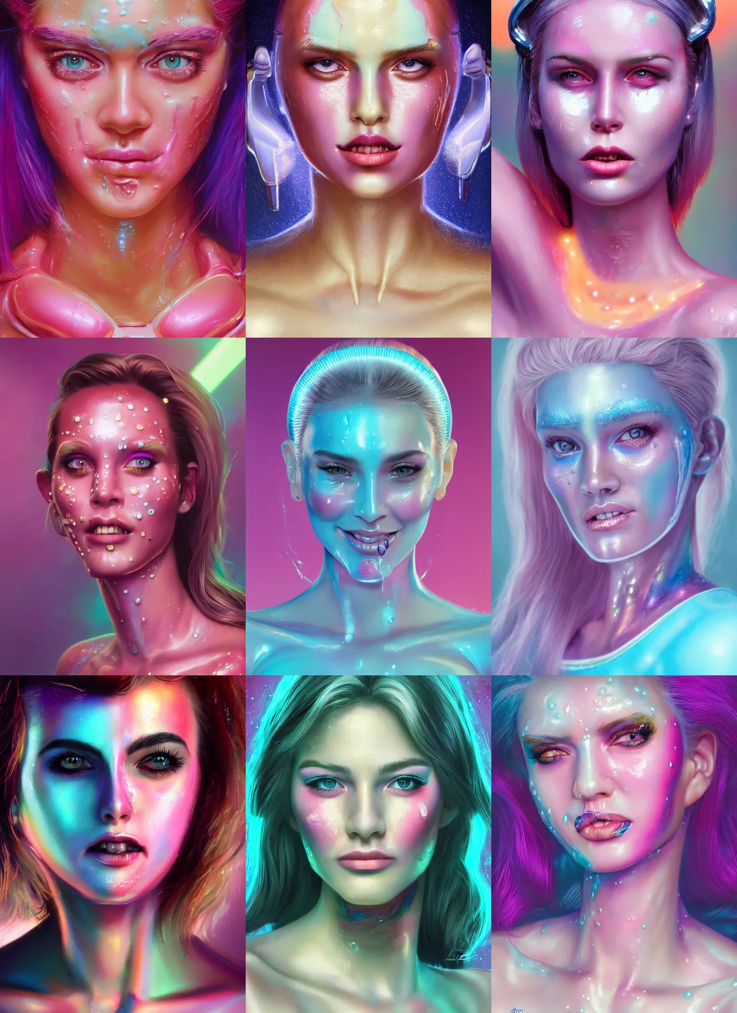 Prompt: breathtaking android woman portrait with strong pastel face makeup, wet skin, 9 0 s look, smiling, cute nose, retro, beautiful lights, vintage look, hyper realistic, illustration, airbrush, 8 k, intricate, duo tone, art by david la chapelle and philip castle, artgerm