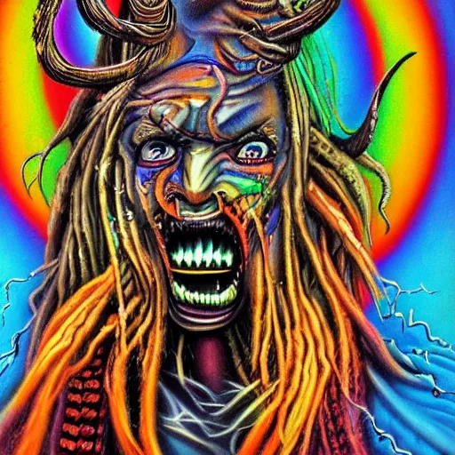 Prompt: a demon with dreadlocks telling a joke, airbrush art, shamanic horror lsd art, by basuki abdullah