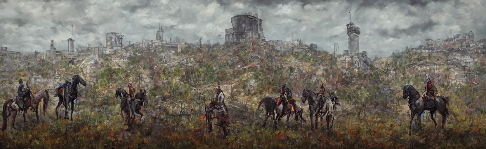 Image similar to horseback knights at scenic overlook; cloudy, grey skies, walled fort city deteriorating office buildings in background on hill; forest; la Bastille, post apocalyptic, grungy; oil on canvas, colorful, artstation