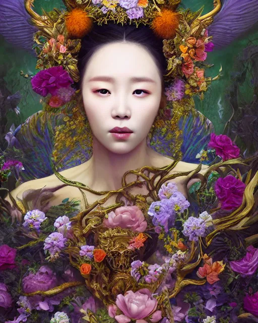 Prompt: portrait of the korean queen of the underworld, surrounded by flowers by karol bak, james jean, tom bagshaw, rococo, sharp focus, trending on artstation, cinematic lighting, hyper realism, octane render, 8 k, hyper detailed.