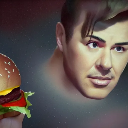 Image similar to hyperrealistic mixed media image of seth macfarlane eating a cheeseburger, stunning 3 d render inspired art by istvan sandorfi and greg rutkowski, perfect facial symmetry, realistic, highly detailed attributes and atmosphere, dim volumetric cinematic lighting, 8 k octane extremely hyper - detailed render, post - processing, masterpiece,