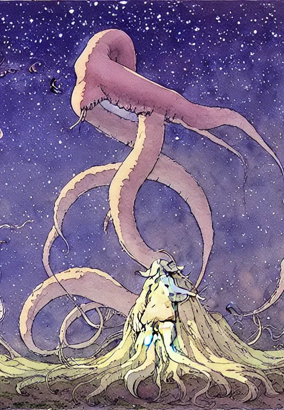 Image similar to a simple watercolor studio ghibli movie still fantasy concept art of a giant squid from princess mononoke ( 1 9 9 7 ) in stonehenge. it is a misty starry night. by rebecca guay, michael kaluta, charles vess