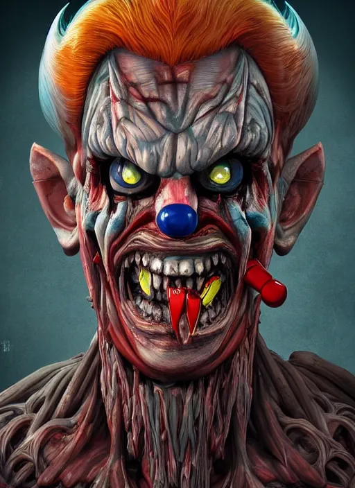 Image similar to evil horror clown, monster anatomy, ross tran, vivid colors, anatomical, highly detailed sculpture, intricate detailed, ommatidia, 8 k, cinematic atmosphere, post - processing