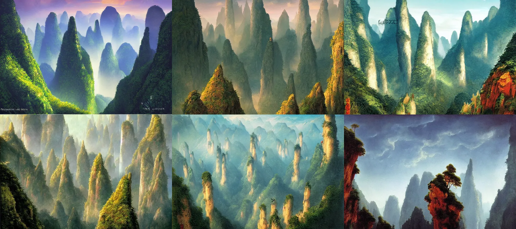 Prompt: Tianzi mountains landscape in the style of Dr. Seuss, starships, painting by Raphael Lacoste