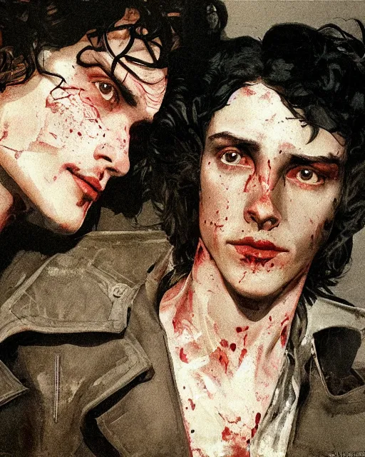 Image similar to two handsome but sinister young men in layers of fear, with haunted eyes and wild hair, 1 9 7 0 s, seventies, wallpaper, a little blood, moonlight showing injuries, delicate embellishments, painterly, offset printing technique, by coby whitmore, mary jane ansell