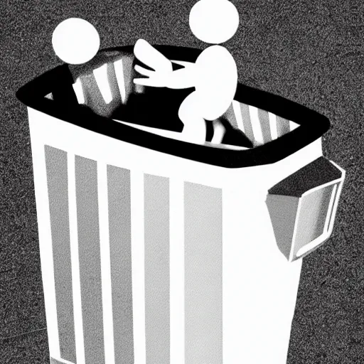 Prompt: baby getting tossed in a trash can, 2d, black on white