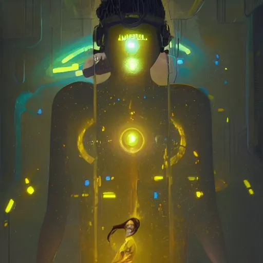 Image similar to a sage meditates under a waterfall pieces with glowing yelow visor as a realistic scifi cyberpunk, torso, art by james jean and greg rutkowski!!, realistic face, like anime, digital art, concept art, golden ratio, perfect composition, trending on artstation, 8 k