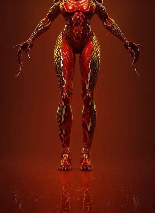 Prompt: female red and gold venom, naturel, hyper detailed, digital art, trending in artstation, cinematic lighting, studio quality, smooth render, unreal engine 5 rendered, octane rendered, art style by klimt and nixeu and ian sprigger and wlop and krenz cushart