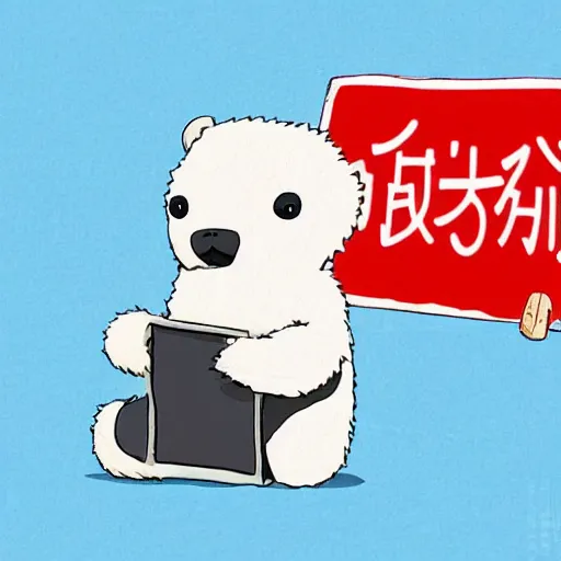 Prompt: cute anime polar bear holding a sign, studio ghibli, digital art, high quality, beautiful illustration, anime