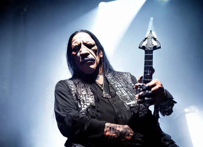 Image similar to publicity photo still of danny trejo in cradle of filth playing live on stage, 8 k, live concert lighting, mid shot